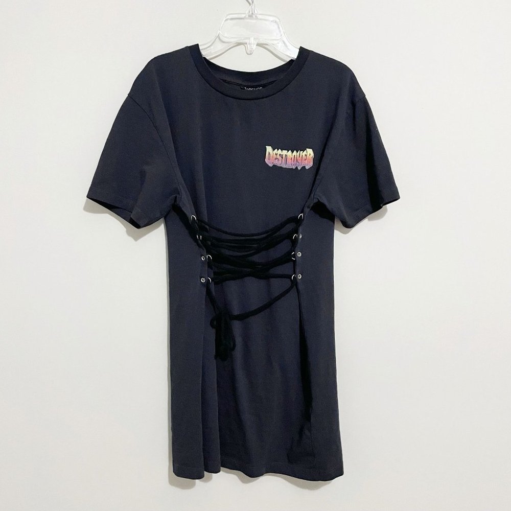 Topshop Size US 6 Black Lace Up Short Sleeve Mini Shirt Dress Destroyer